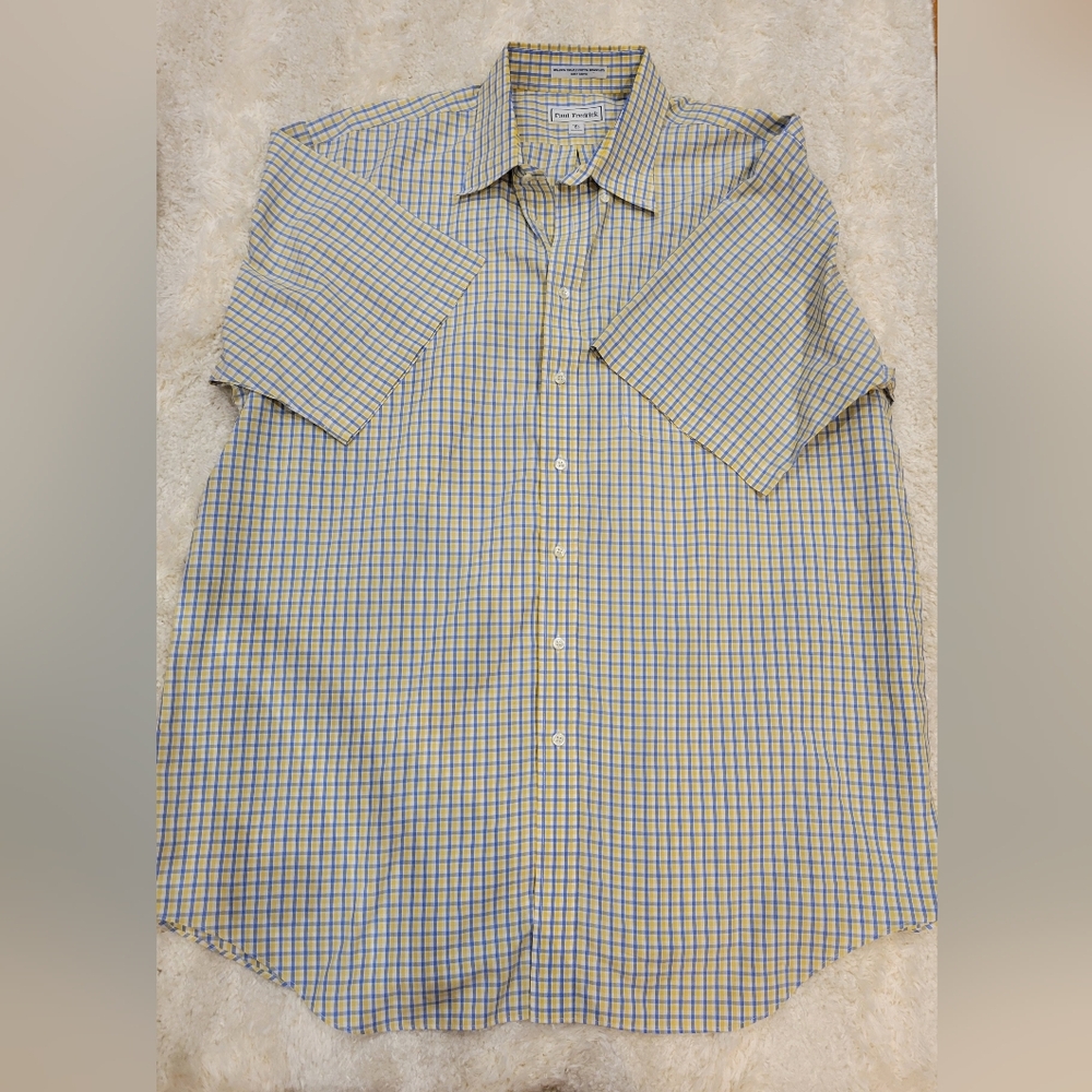 Paul Fredrick Mens Dress Shirt 18 1/2 Yellow Blue Plaid Short Sleeve
